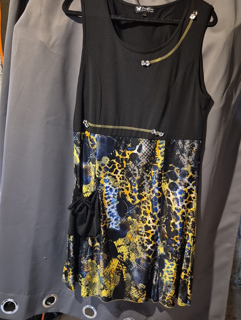 Papillon Blanc Black Dress with Yellow & Blue Animal Print